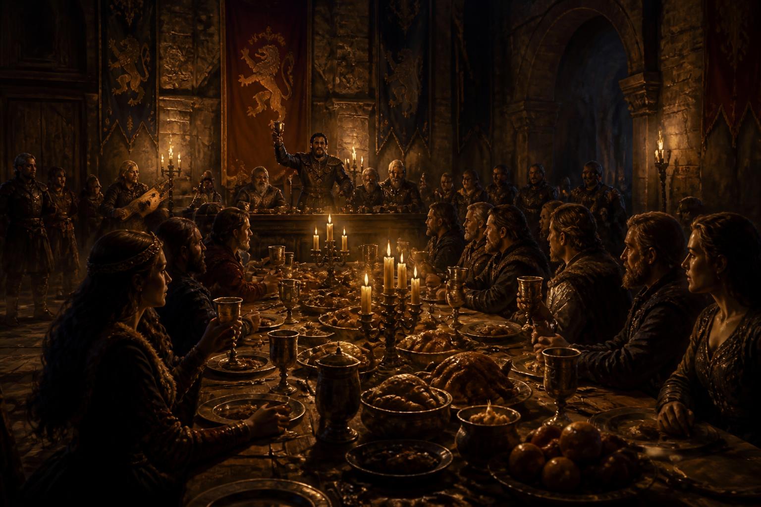 Salão de banquete medieval iluminado por tochas e velas
