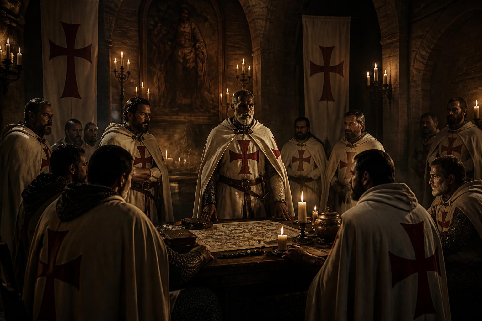 Cavaleiros Templários reunidos em salão à luz de tochas